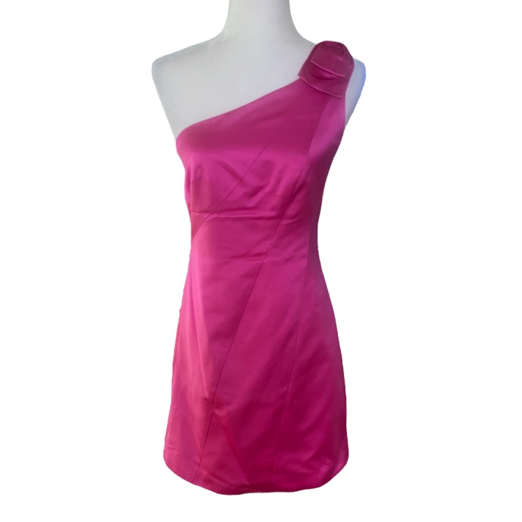 Trina Turk Silk Pink Magenta Fuschia One Shoulder Bow Detail Column Dress - 2